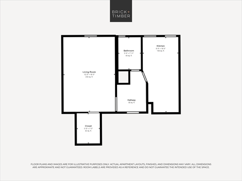 Floor plan for studio, 1 bath, 543 sqft